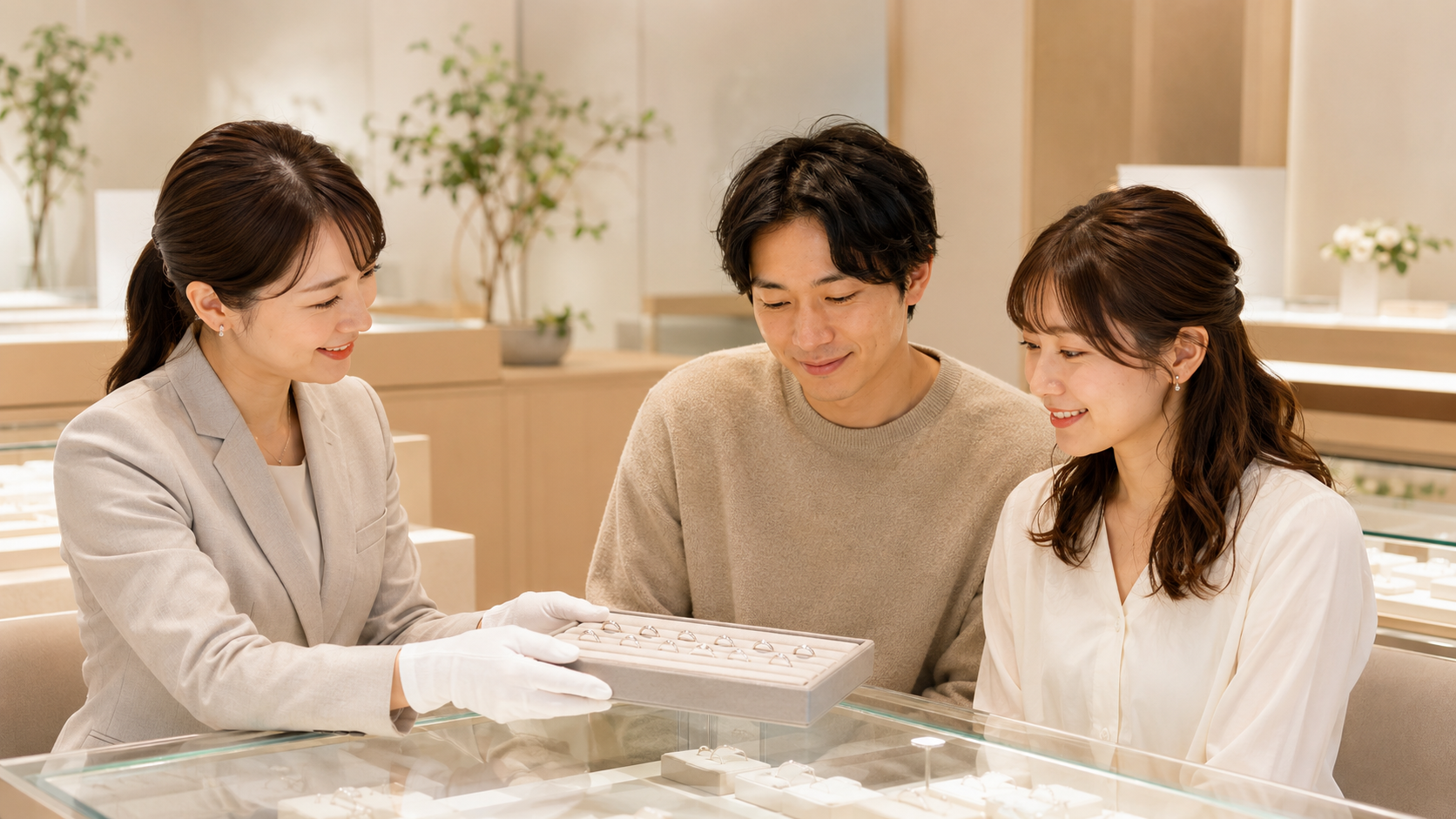 専門コンシェルジュがカップルに婚約指輪を見せて案内するシーン